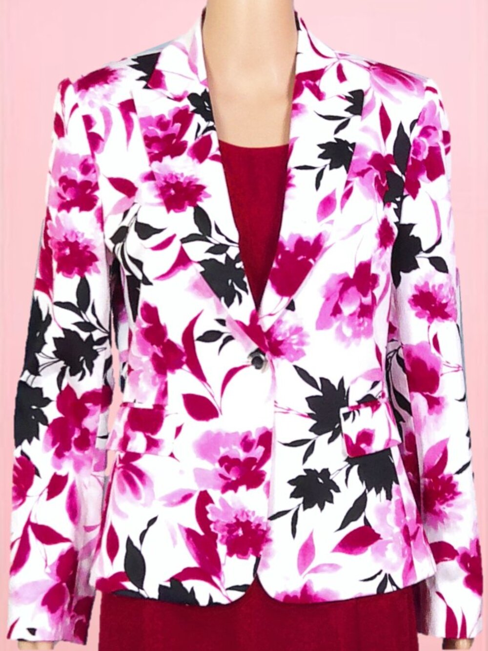TAHARI ARTHUR S. LEVINE size 6 red/pink/black/white floral blazer cotton/spandex